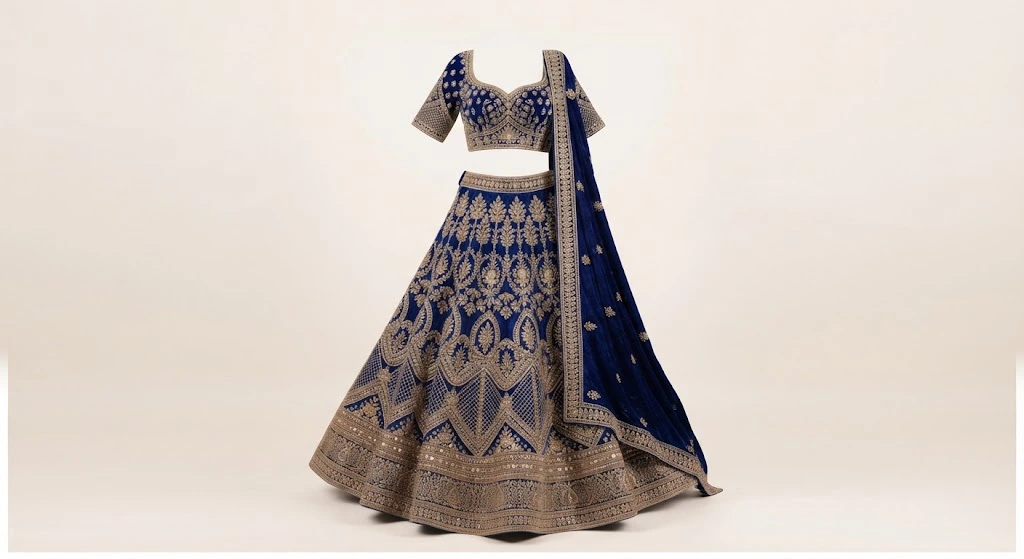 Zari Embroidered Designer Velvet Lehenga Choli - Image 5